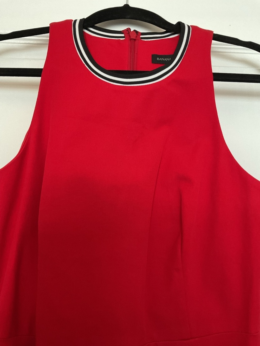 Banana Republic Red Sleeveless Dress with Black & White Striped Neckline.